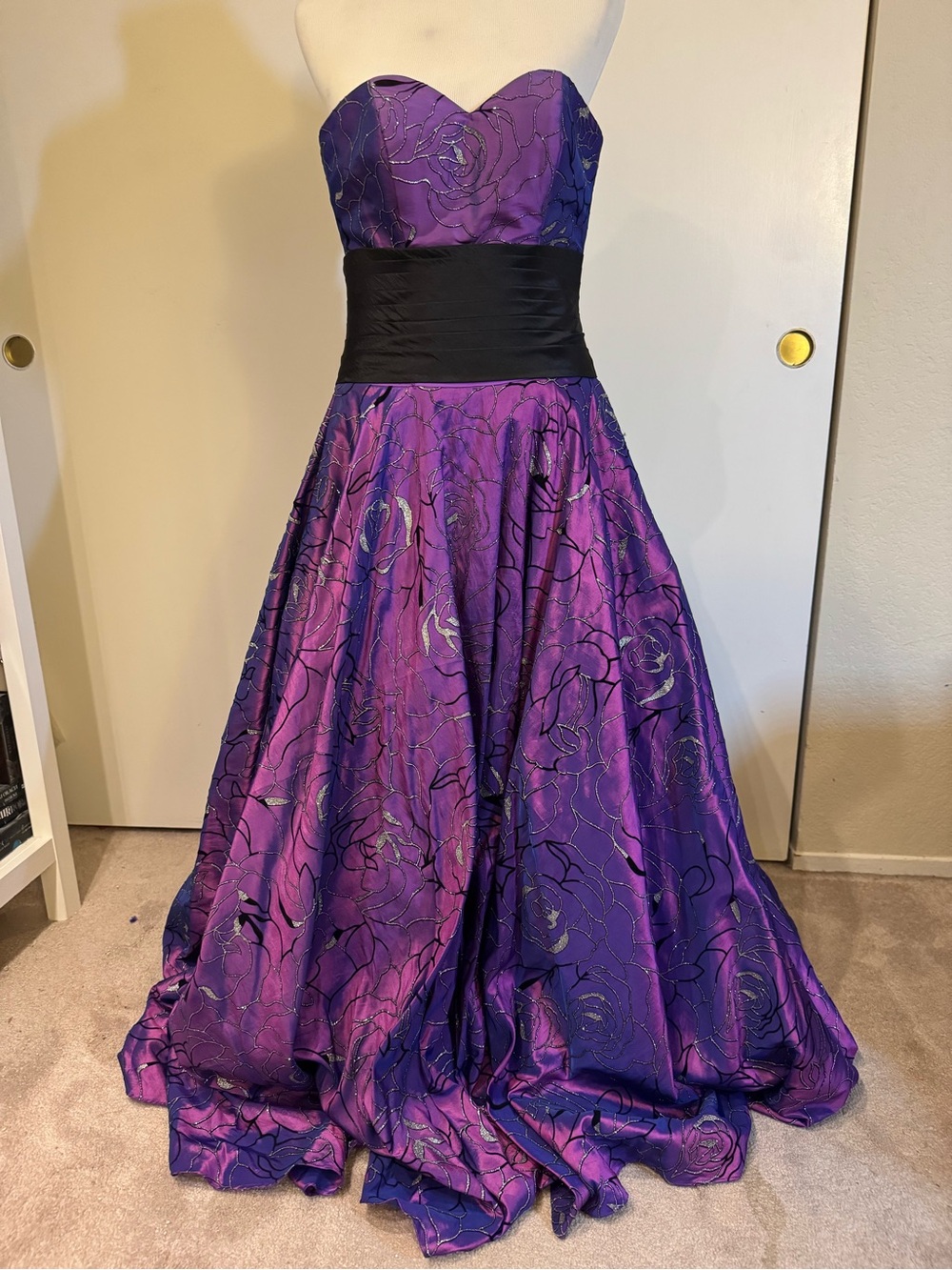 Night Moves Strapless Purple Ball Gown with Black Waistband Size 6